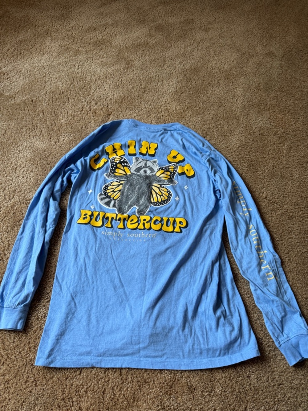Simply Southern Blue Long Sleeve Tee with Yellow Raccoon-Butterfly Graphic